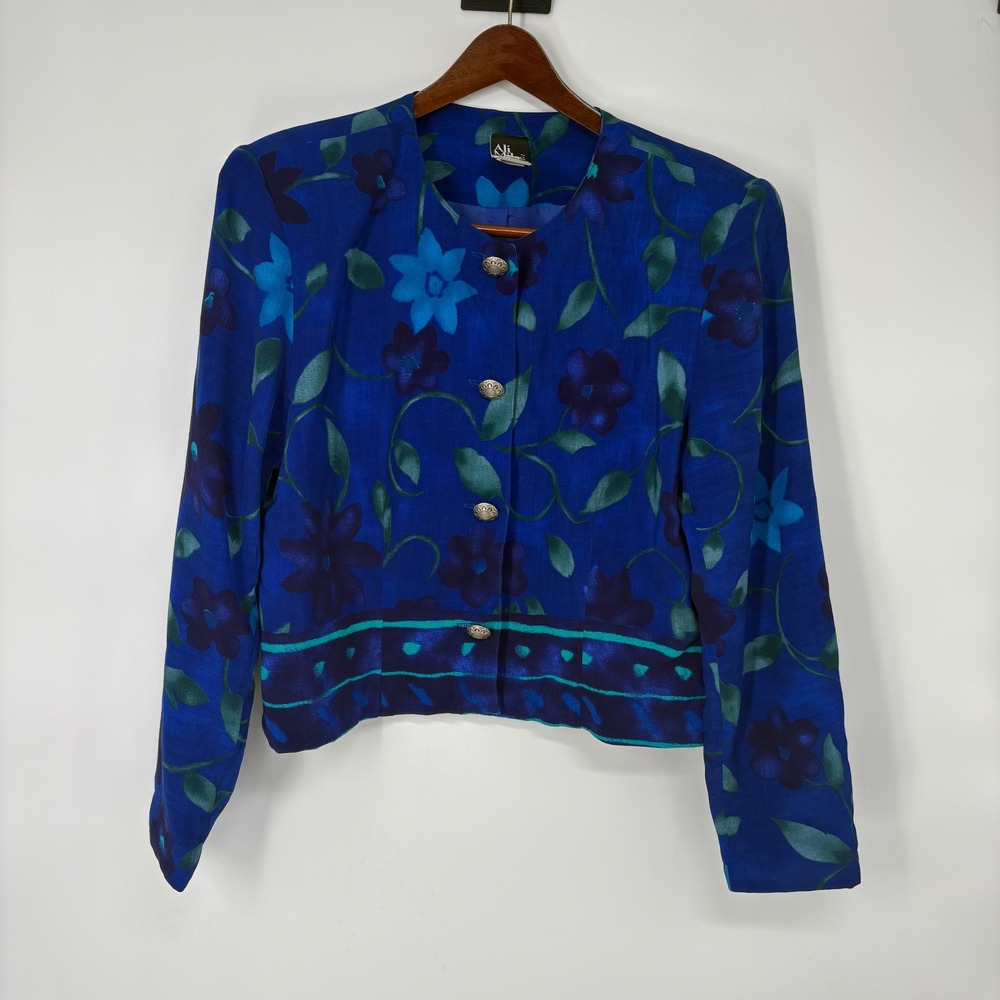 Ali Miles Vintage 90s Blue Floral Collarless Blazer Jacket L Indie Made‎ in USA